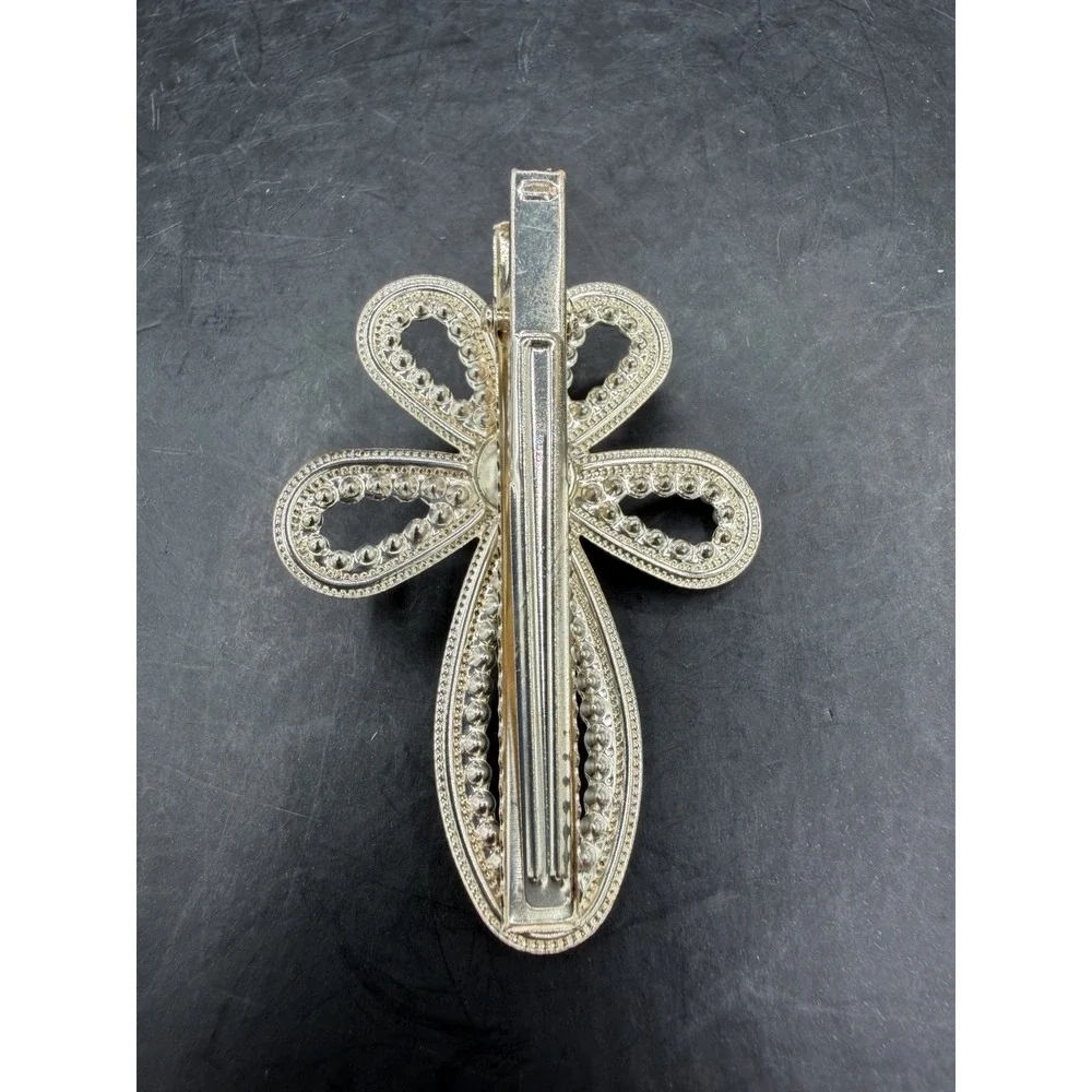 Vintage Faux Pearl Cross Barrette ✝️🤍 Filigree Hair Clip – Formal/Bridal Access